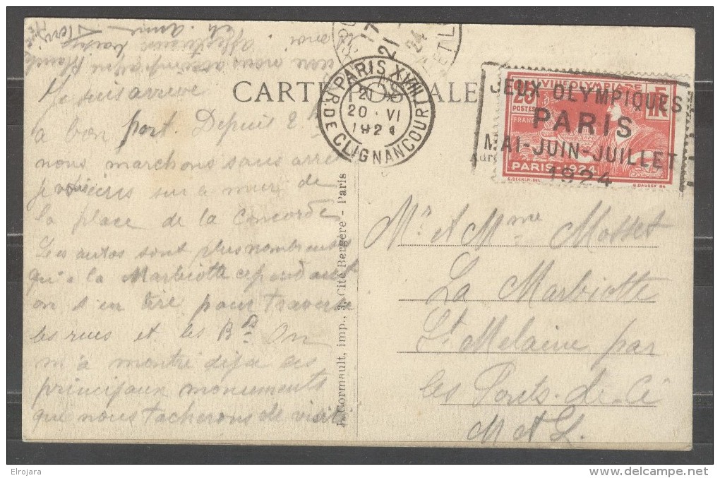 FRANCE Olympic Machine Cancel Paris XVIII 47 R.de Clignancourt On Postcard Olympic Stamp Of 20 VI 1924 - Ete 1924: Paris