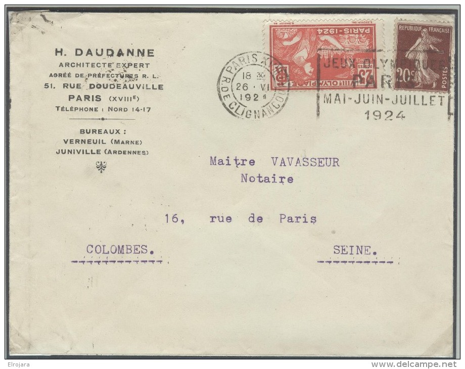 FRANCE Olympic Machine Cancel Paris XVIII 47 R.de Clignancourt On Cover With Olympic Stamp Of 26 VI 1924 - Sommer 1924: Paris