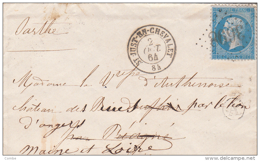 1864. LETTRE.  LOIRE N° 22. ST JUST EN CHEVALET. GC 3698. BOITE RURALE A . CORRESPONDANCE  /1435 - 1849-1876: Période Classique