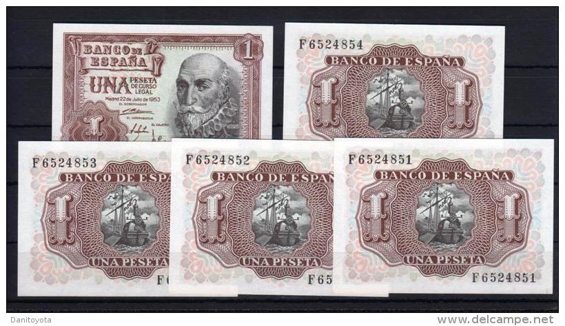 EDIFIL D66A. 1 PTA 22 DE JULIO DE 1953 SERIE F.  LOTE DE 5 BILLETES CORRELATIVOS - 500 Peseten