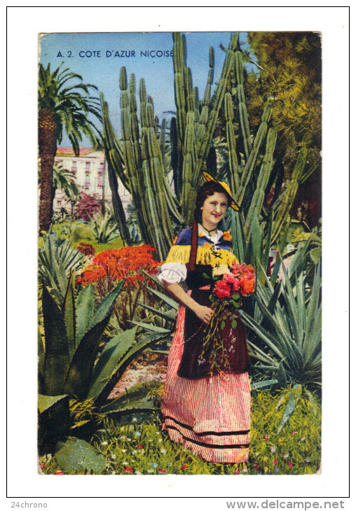 Cote D'Azur: Niçoise, Cactus, Jeune Femme En Costume Folklorique (16-281) - Sukkulenten