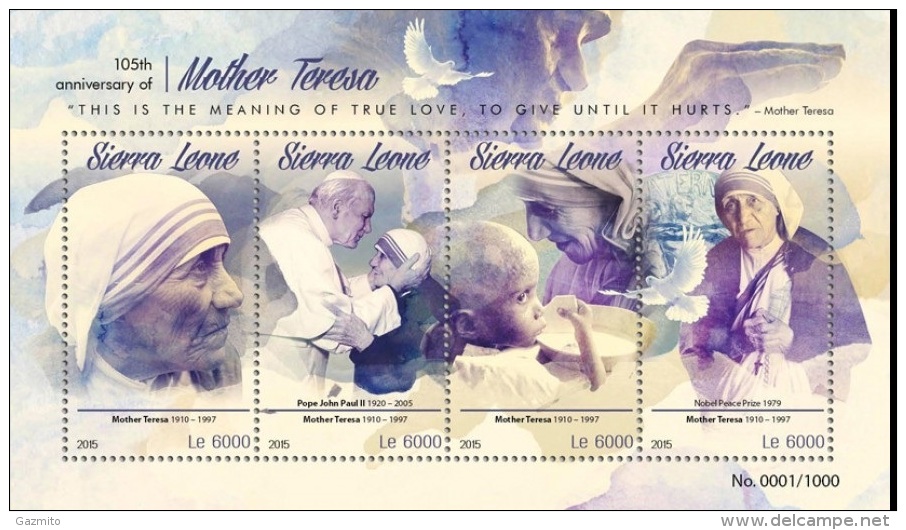 Sierra Leone 2015, 105th Mother Teresa, Pope J. Paul II, 4val In BF - Mother Teresa