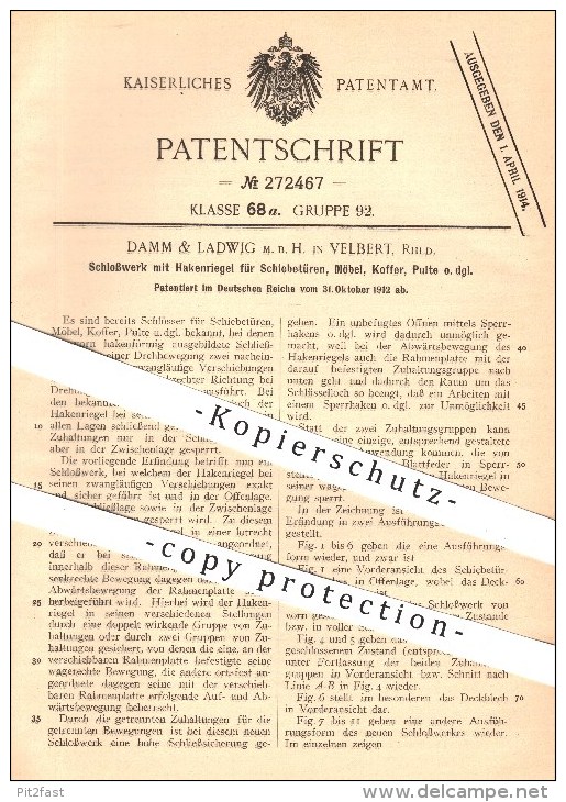 Original Patent - Damm & Ladwig MbH In Velbert , 1912 , Schloss Für Türen , Möbel , Koffer , Schlosser , Schlosserei !! - Historische Dokumente