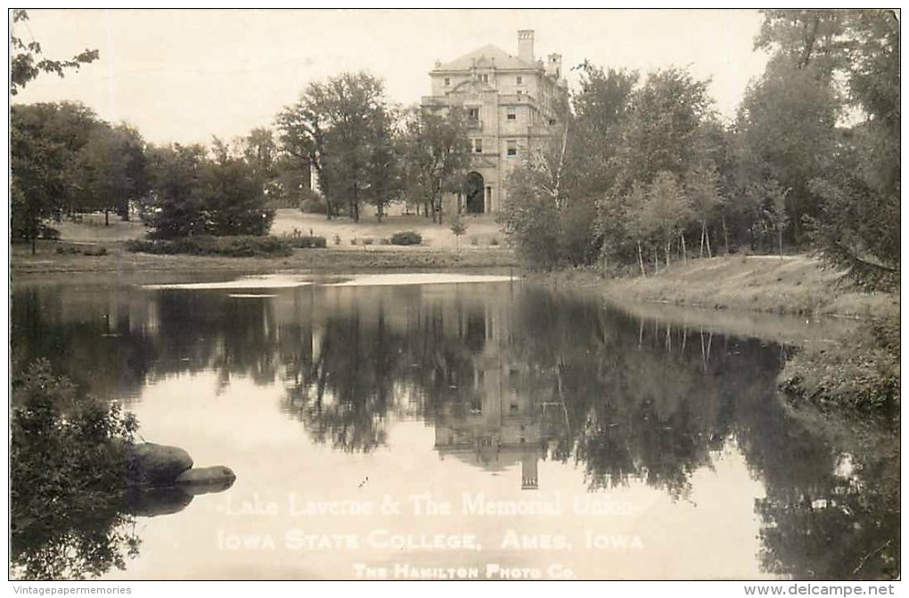 262893-Iowa, Ames, RPPC, Iowa State College, Lake Laverne & The Memorial Union, Hamilton Photo Company - Ames