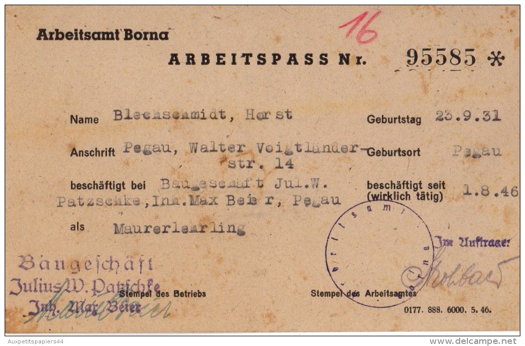 Bureau International Du Travail Borna - Carte N ° 95585 - Blechschmidt Horst  23.09.1931 - Arbeitsamt Borna - 1946 - Sammlungen