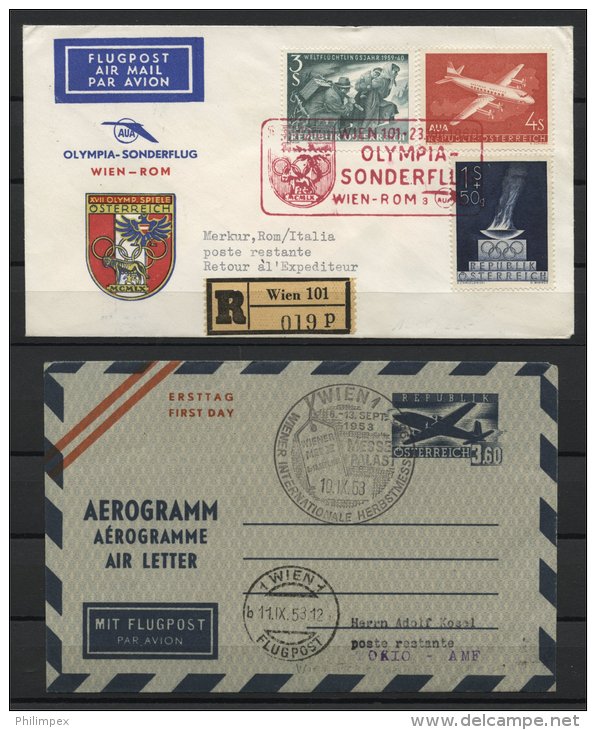 AUSTRIA, AEROGRAMME 3.60 Schilling TOKYO 1953 + SPECIAL FLIGHT VIENNA-ROME 1960 - Premiers Vols