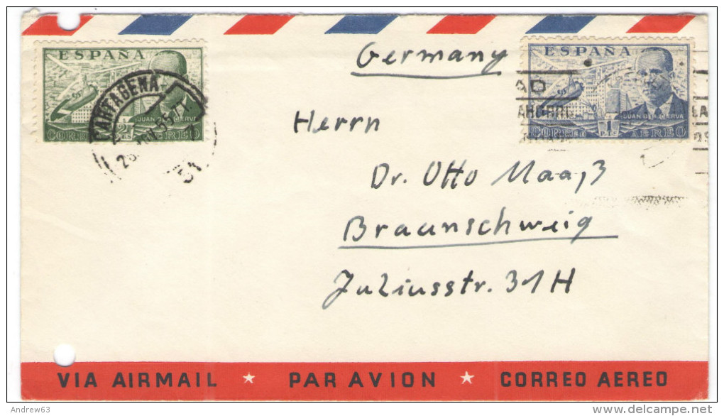 SPAGNA - ESPAÑA - Spain - Espagne - 1955 - Airmail - 2 + 1 Correo Aereo - Viaggiata Da M/S E. Schulte, Cartagena Per ... - Storia Postale