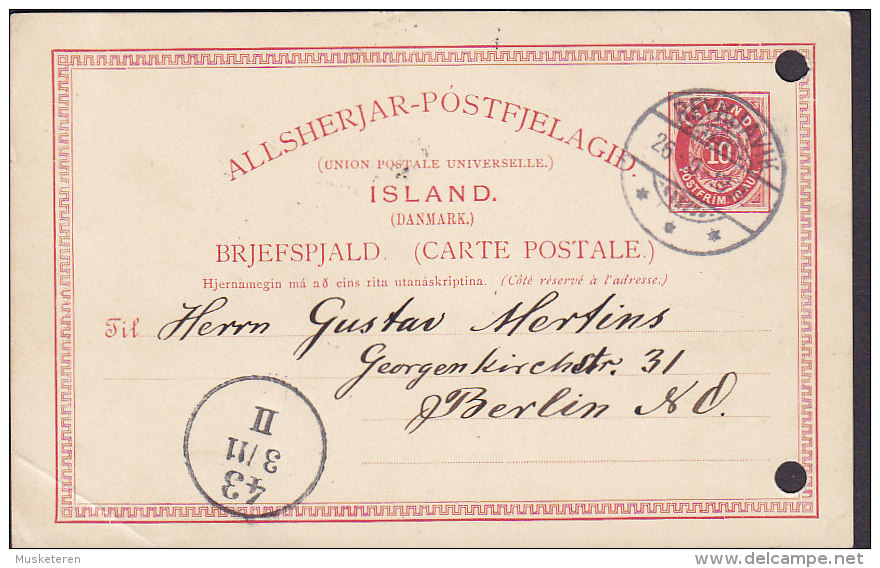 Iceland UPU Postal Stationery Ganzsache Entier 10 Aur Ziffer REYKJAVIK 1905 BERLIN Germany (2 Scans) Cote 80,- € - Postal Stationery