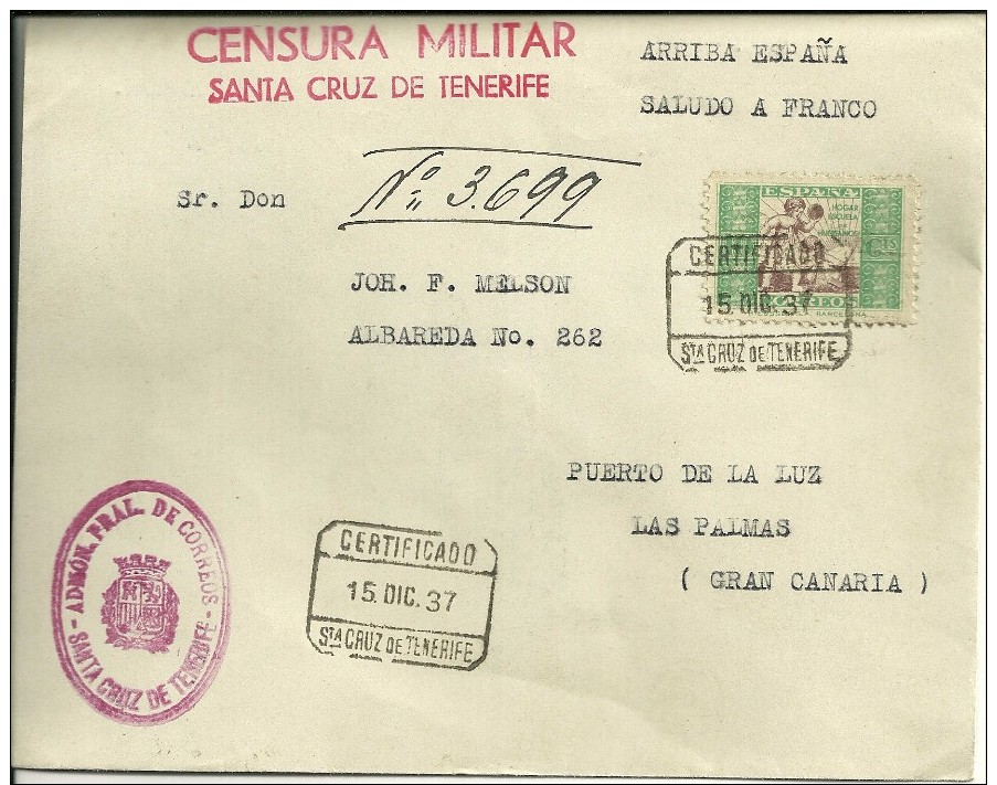 ESPAÑA - CANARIAS - CARTA CON CENSURA MILITAR - Covers & Documents