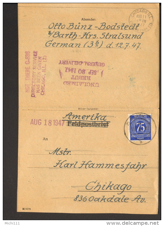 Alliierte Besetzung 75 Pfg. Ziffer Auf Auslandsbrief Nach Amerika Aus Barth Stralsund V.1947 - Sonstige & Ohne Zuordnung