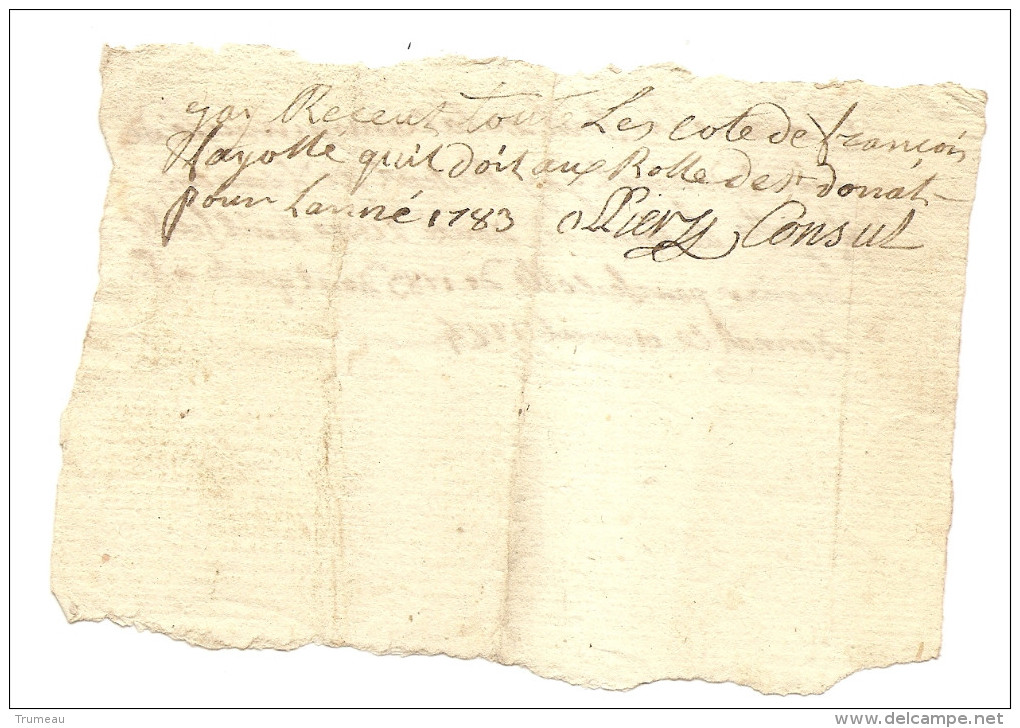SAINT DONAT PUY DE DOME COMMUNAUTE DE ST DONNAT RECU DE 12 LIVRES PAR FRANCOIS FAYOLLE ANNEE 1784 - ... - 1799
