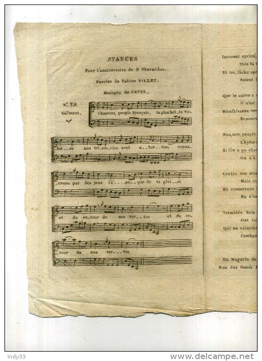 - FRANCE FIN XVIIIe S. REVOLUTION . HYMNE EN MEMOIRE DU IX THERMIDOR . STANCES POUR L´ANNIVERSAIRE DU 9 THERMIDOR . - Partitions Musicales Anciennes