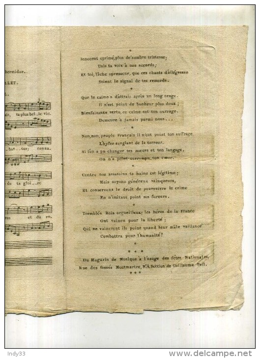 - FRANCE FIN XVIIIe S. REVOLUTION . HYMNE EN MEMOIRE DU IX THERMIDOR . STANCES POUR L´ANNIVERSAIRE DU 9 THERMIDOR . - Partitions Musicales Anciennes