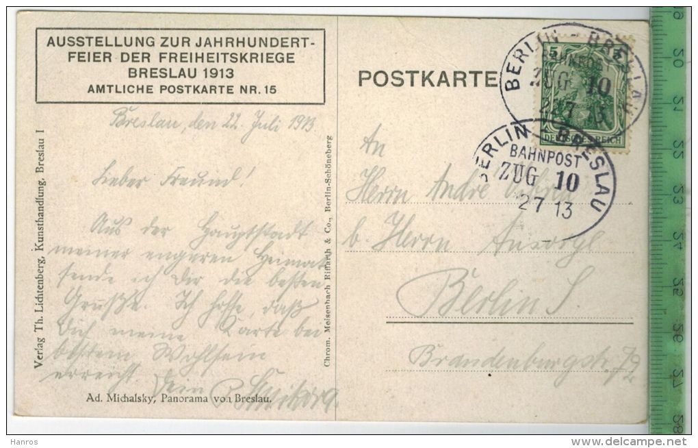 Breslau 1913, Verlag: Th. Lichtenberg, Breslau,  Postkarte, Amtliche Postkarte Nr. 15, Frankatur,  Stempel, - Schlesien
