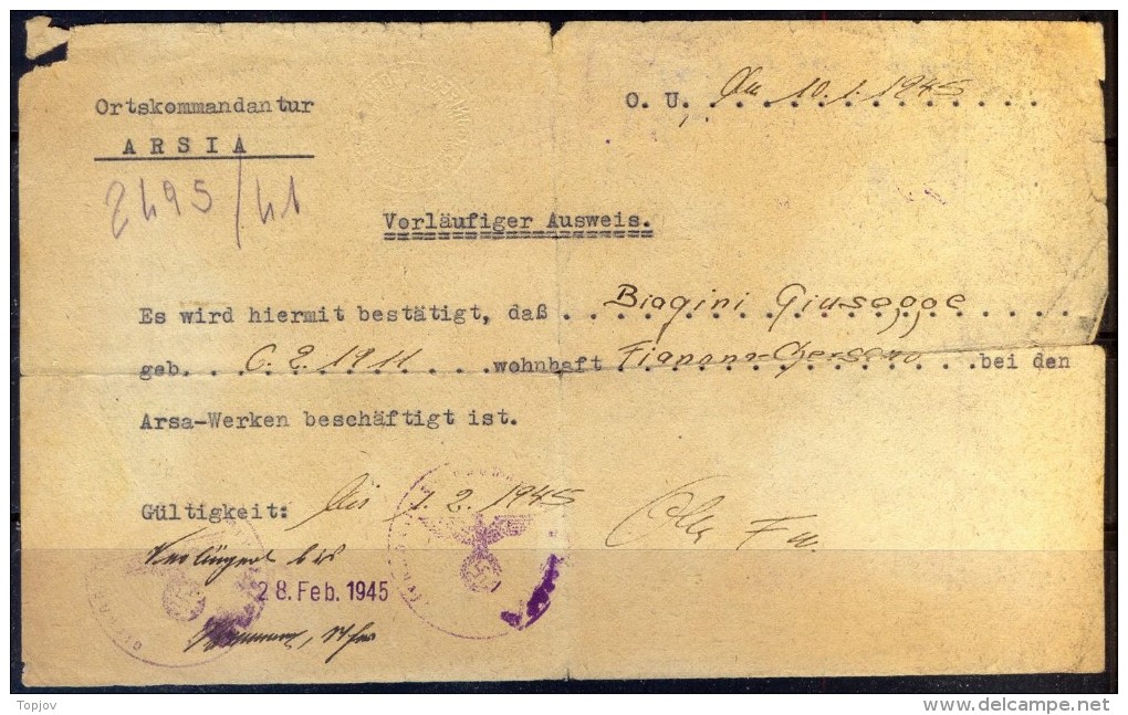 CROATIA - GERMANY REICH Ocupation ISTRIA  - AUSWEIS - 15. 4. 1945 - Kroatien