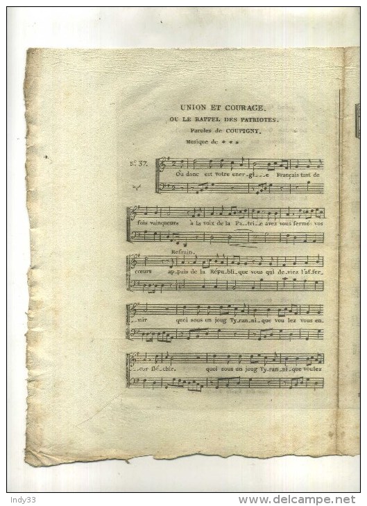 - FRANCE FIN XVIIIe S. REVOLUTION FRANCAISE . CHANT FUNEBRE SUR LA MORT DE FERRAUD . UNION ET COURAGE OU LE RAPPEL DES.. - Noten & Partituren