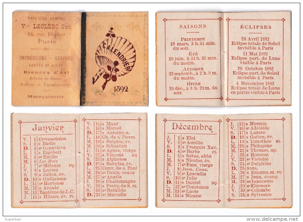 PETIT ALMANACH Pour 1892 / CALENDRIER : 3,5 X 5 CM - PUB : PAPETERIE DESPREZ / PARIS - À VOIR DÉTAILS ! - RARE ! (t-790) - Formato Piccolo : ...-1900