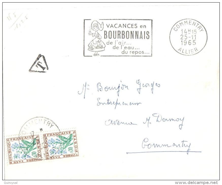 3385 COMMENTRY Allier Lettre Non Affranchie Taxée à L'arrivée YV T 99 Ob 25 11 1965 0,30 F Myosotis - 1960-.... Storia Postale