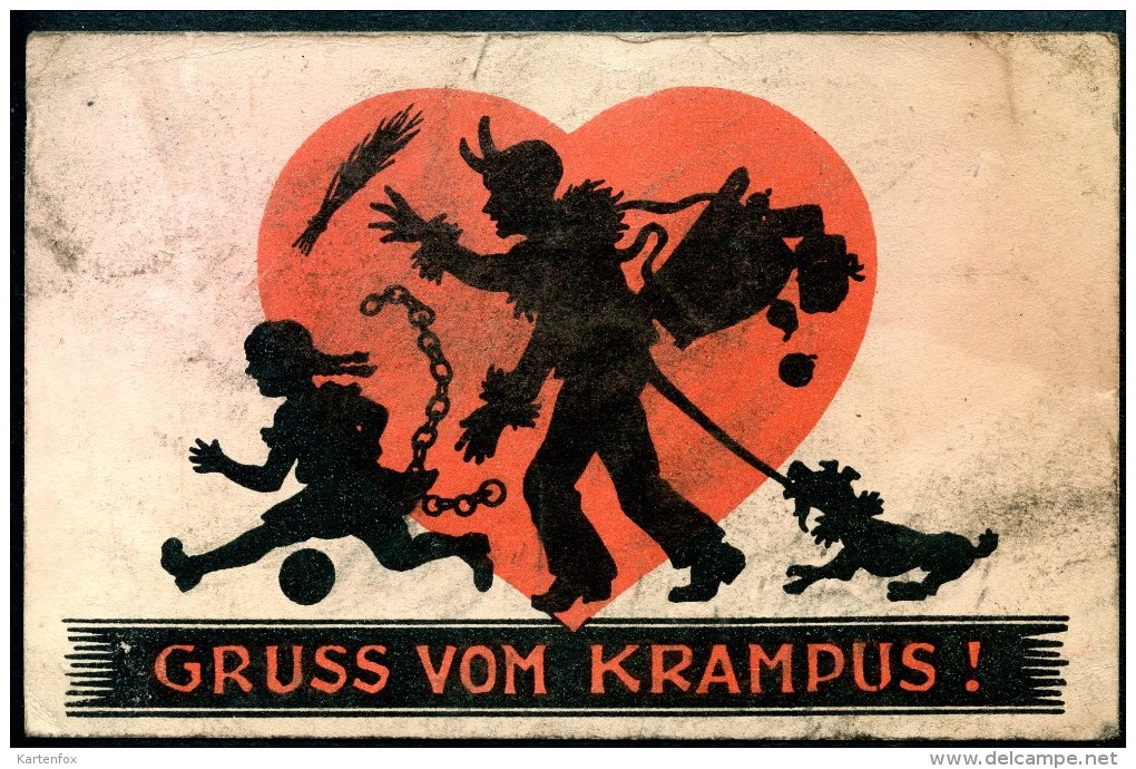 Krampus, GRUSS Vom, Silhouette, Mädchen Flieht, Hund Zieht Am Schwanz, Schweif, Herz - Saint-Nicolas