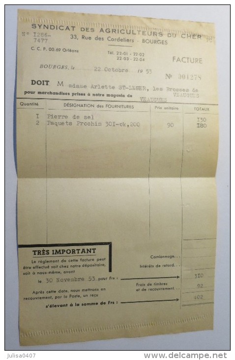 BOURGES SYNDICAT DES AGRICULTEURS DU CHER Oblitération Mécanique Sur Document 23 Ost 1953 - Oblitérations Mécaniques (flammes)