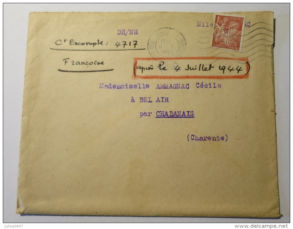 1f50 Type IRIS Seul Sur Lettre 1945 Avec Perforations - 1921-1960: Période Moderne