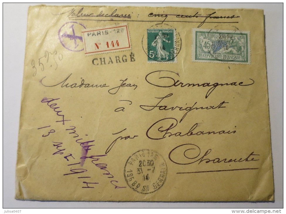 LETTRE CHARGEE 1914 Val Déclarée 500f 45c Merson + 5 C Vert Semeuse Credit Lyonnais - 1877-1920: Période Semi Moderne