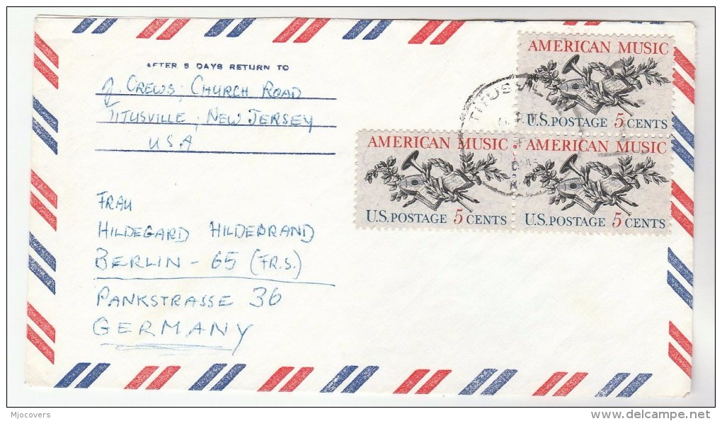 Air Mail USA COVER Stamps  3 X 5c MUSIC  To Germany - Music