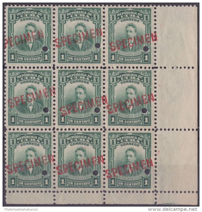 1911-76 CUBA REPUBLICA 1911. 1c BARTOLOME MASO Ed.190. SPECIMEN PROOF BLOCK 9. MNH. - Neufs