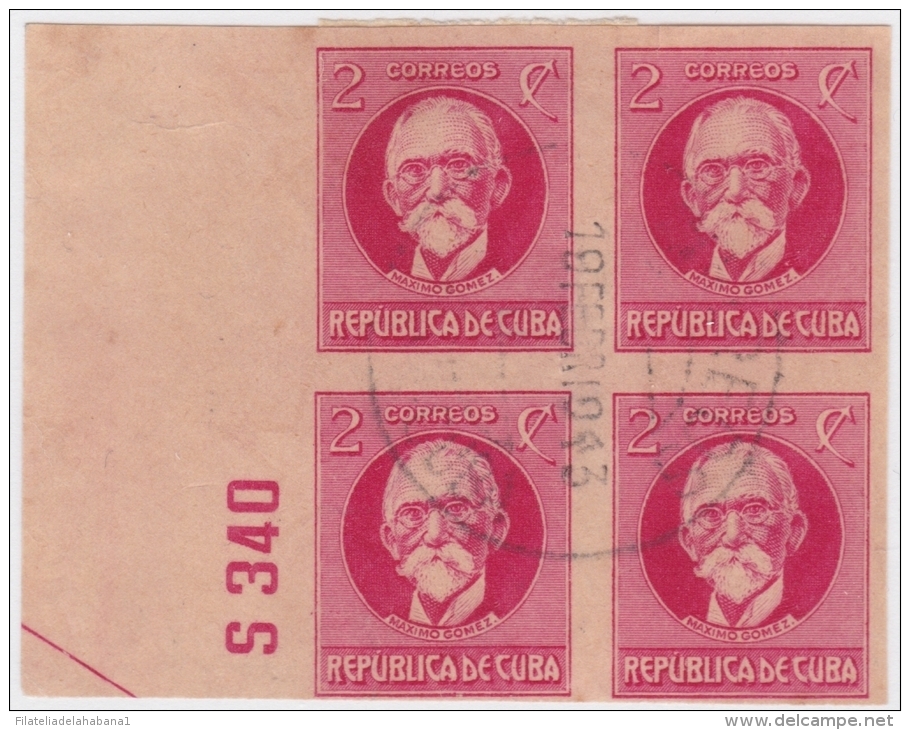 1917-244 CUBA REPUBLICA 1917. 2c MAXIMO GOMEZ.1926 BLOCK 4 IMPERFORADO. PLATE NUMBER 340. USADO. Ed.215As. - Oblitérés