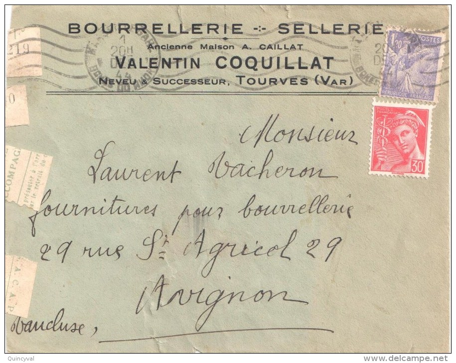 3398 MARSEILLE GARE Lettre Entête Bourrellerie Sellerie COQUILLAT Iris 1,20 F Yv 651 Mercure 30c Rouge Yv 412 Ob 1944 - Covers & Documents