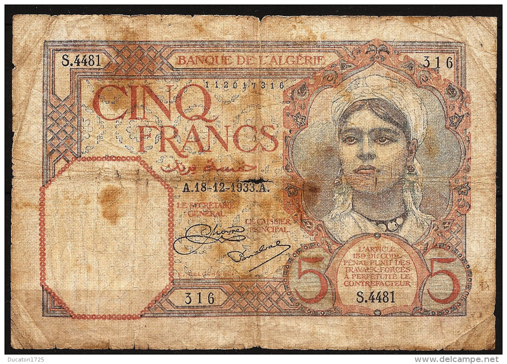 5 Francs 18/12/1933. Algérie Francaise. Colonies Francaises - Algerien