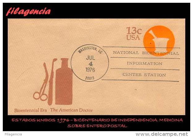 AMERICA. ESTADOS UNIDOS. ENTEROS POSTALES. SOBRE ENTERO POSTAL 1976. BICENTENARIO DE LA INDEPENDENCIA. MEDICINA - 1961-80