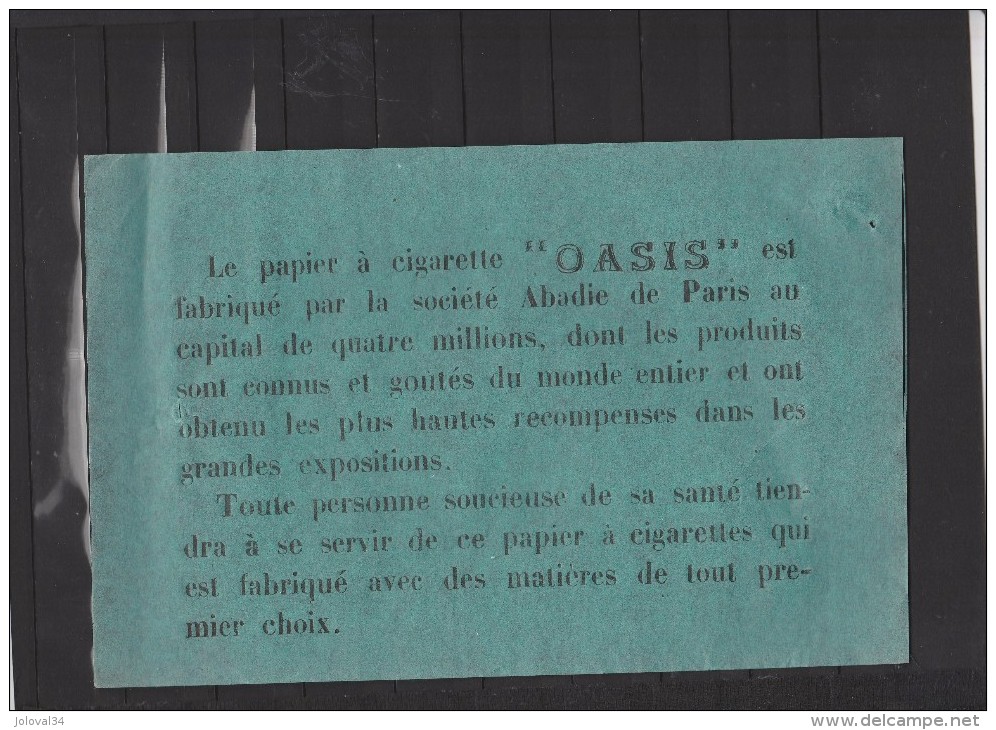 Publicité Papier à Cigarette OASIS Société ABADIE Paris  " Toute Personne Soucieuse De Sa Santé ...." Vert - Autres & Non Classés