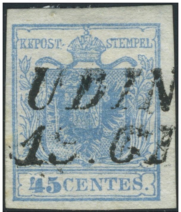 Lombardo-Veneto, 45 Cent. Azzurro Chiaro, Carta A Mano, I Tipo, Sassone N. 10c - Lombardy-Venetia - Lombardei-Venetien - Lombardo-Vénétie