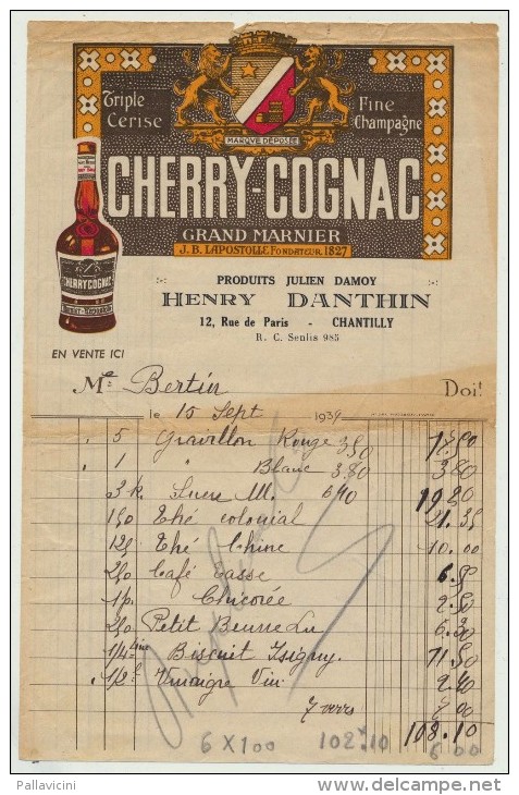 Document Ancien Facture Cherry-Cognac Grand Marnier Produits Damoy Danthin Paris 1939 - Factures