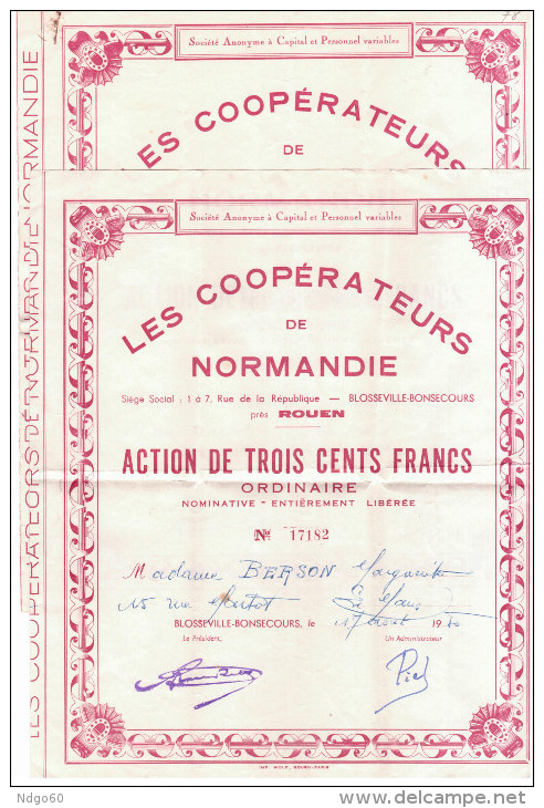 2 Actions De Trois Cent Francs "les Coopérateurs De Normandie" - A - C