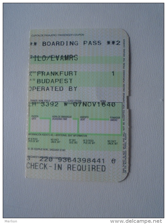 Boarding Pass  -FRANKFURT  -Budapest   D137231.11 - Tarjetas De Embarque