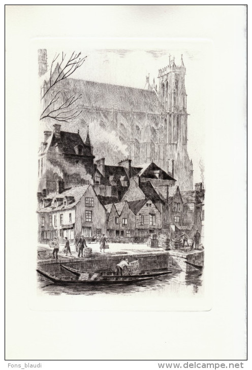 1955 - Pointe Sèche Originale De Charles SANSON - Amiens (Somme) - Le Vieux Quai - FRANCO DE PORT - Estampes & Gravures