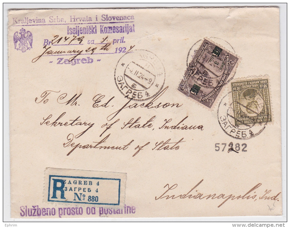 ZAGREB - Air Mail Cover 1924 To Indianapolis Via New York - Enveloppe Recommandée Yougoslavie - Hrvata Hrvatska Croatie - Lettres & Documents