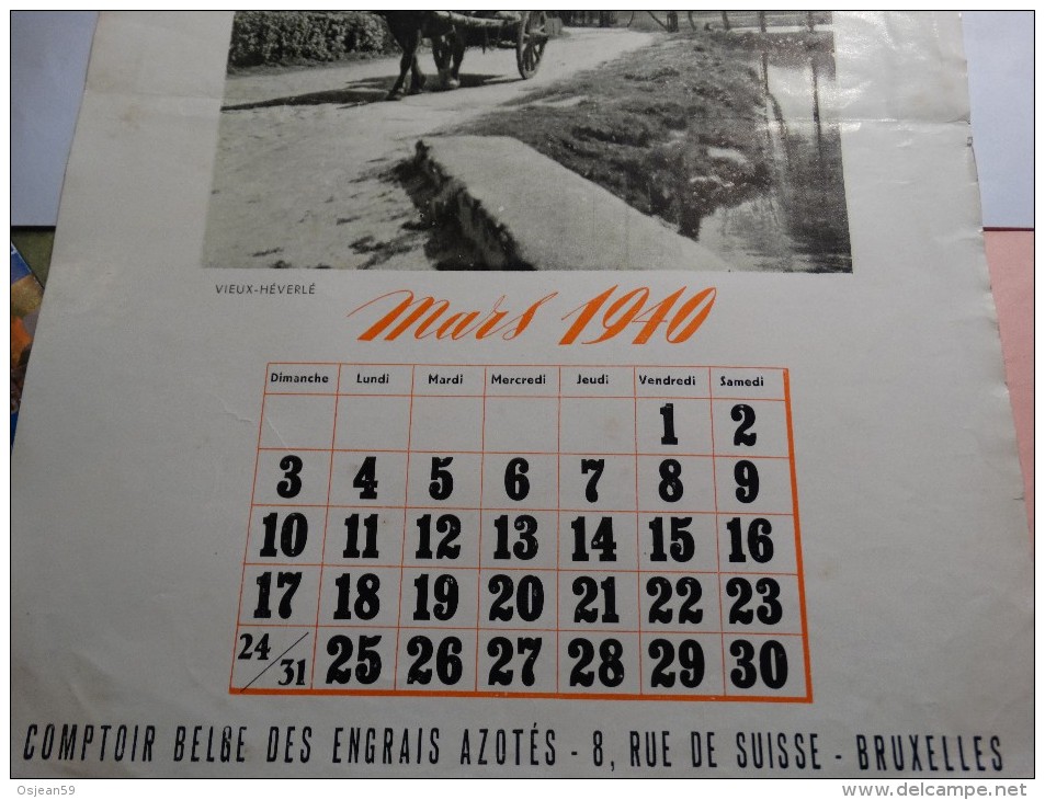 Feuille De Calendrier Mars 1940 Du Comptoir Belge Des Engrais(photo -vieux Héverlé) - Petit Format : 1921-40