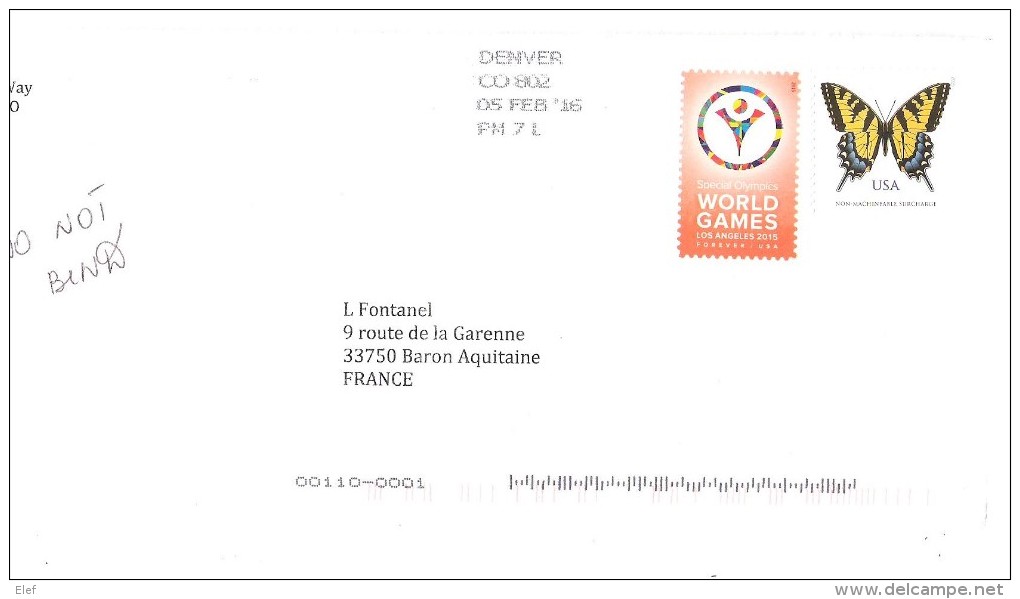 USA, Cover DENVER , Co Special Olympics WORLD GAMES LOS ANGELES 2015 + Butterfly / Papillon, TTB - Non Classificati