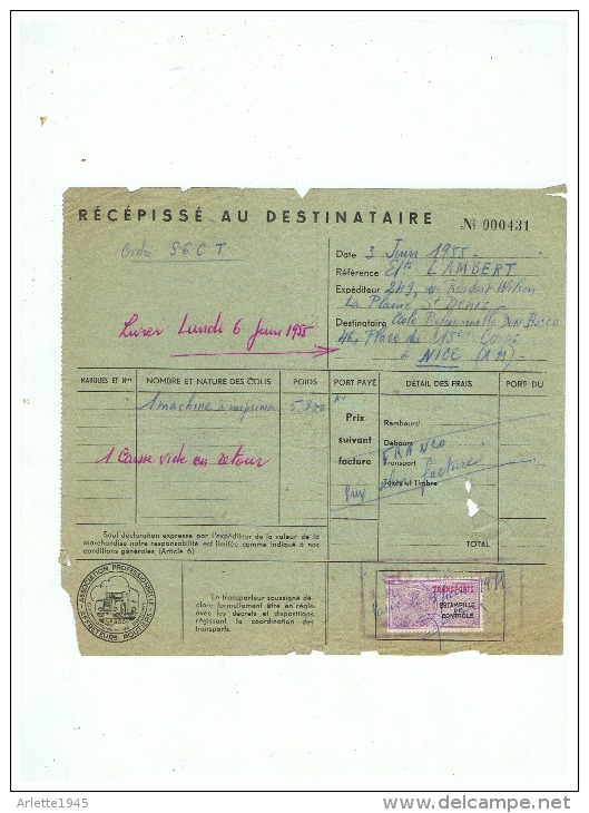 ETent  LAMBERT PARIS   TITRE DE TRANSPORT  De PARIS à NICE   1955 - LKW