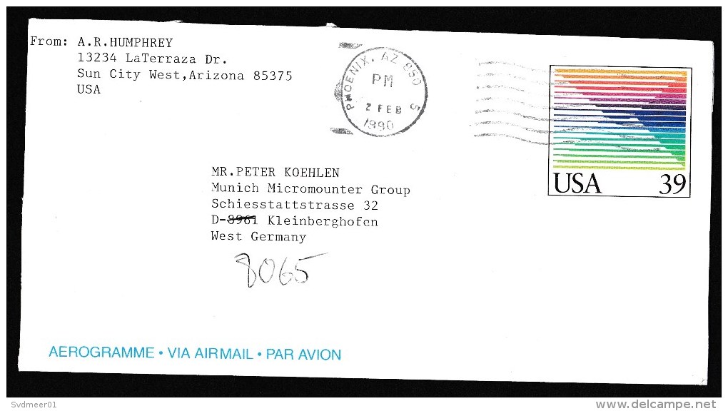 USA: Stationery Aerogramme Phoenix To Germany, 1990, Air Letter (traces Of Use) - Covers & Documents