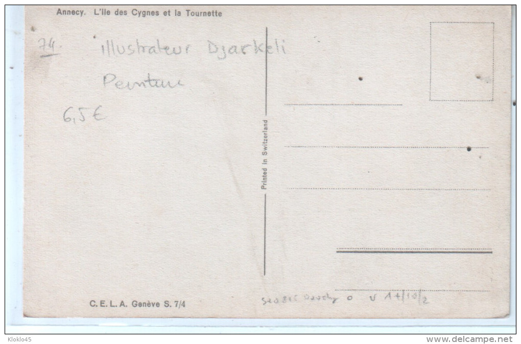 74 Annecy - L´Ile Des Cygnes Et La Tournette - Illustrateur Djarkeli  G. - Gravure Couleur Barque Voilier - CPA - Annecy