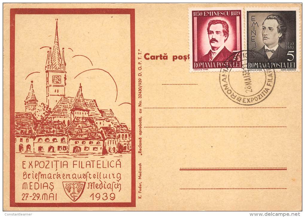 P817 Romania 1939 Medias Briefmarken Ausstellung, Philatelic Exhibition,special Cancel, Poet Eminescu, Mediasch, Medgyes - Postmark Collection