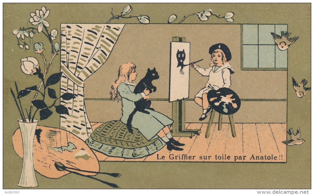 Chromo Dorée Enfants Chat Le Griffier Sur La Toile Par Anatole Peintre  Chaussures Raoul Paris - Autres & Non Classés