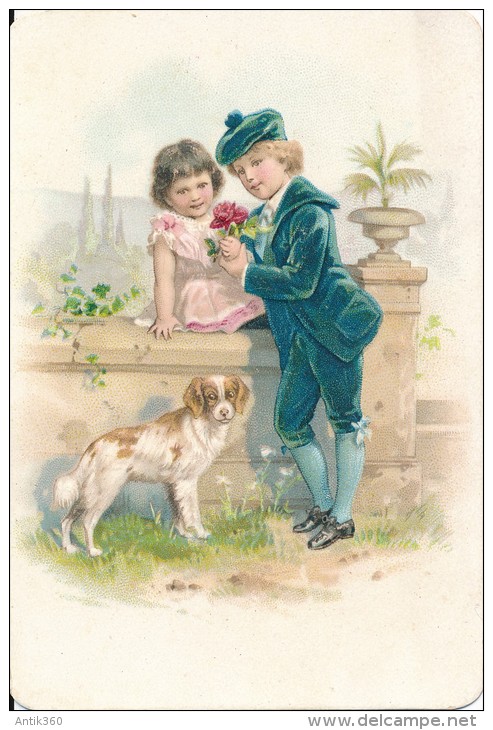 Chromo Gaufrée Romantique Jeunes Enfants Amoureux Et Chien - Autres & Non Classés