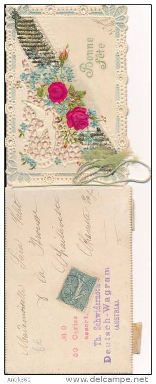 Carte De Voeux Chromo Rose Gaufrée Et Ajourée Bonne Fête - Autres & Non Classés