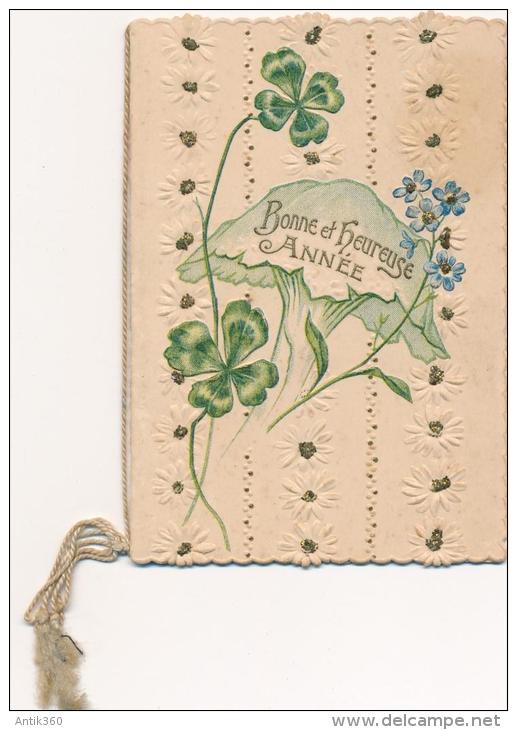 Carte De Voeux Chromo Trèfles à 4 Feuilles Gaufrée Bonne Et Heureuse Année - Sonstige & Ohne Zuordnung