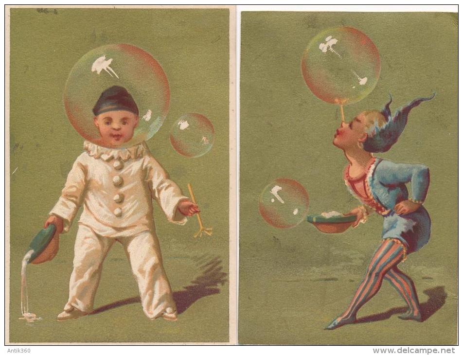 Lot De 2 Chromos Dorées Bulles Cirque Pierrot Enfants Librairie Lebrault Le Mans - Autres & Non Classés